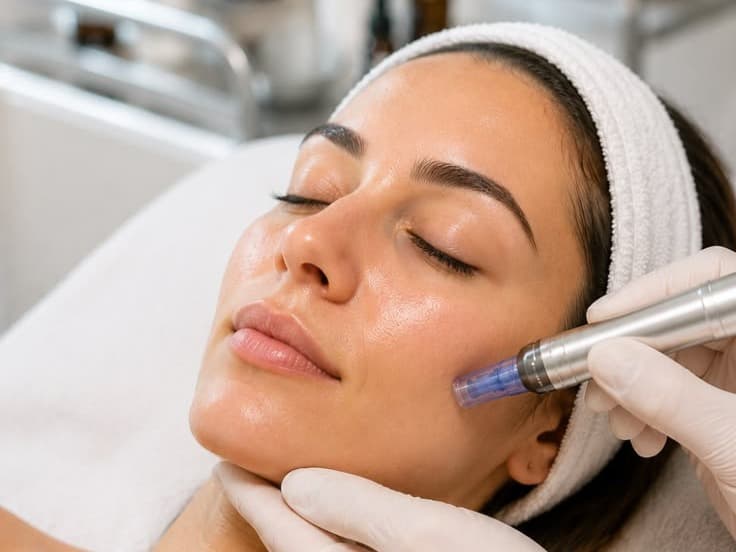 Microneedling: pero s mikrojehličkami na tváři klientky